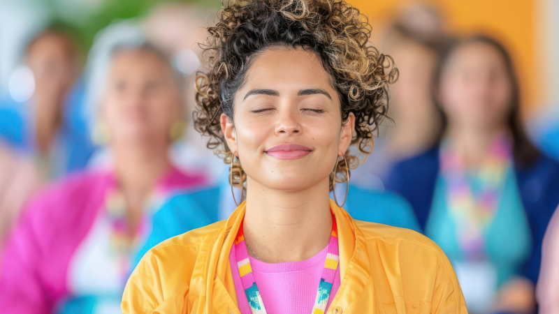Woman smiling with her eyes closed-productivity mindset shift.